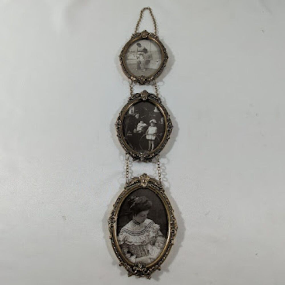Vintage Ornate Triple Hanging Picture Frame w Portrait Photos Brass Tone